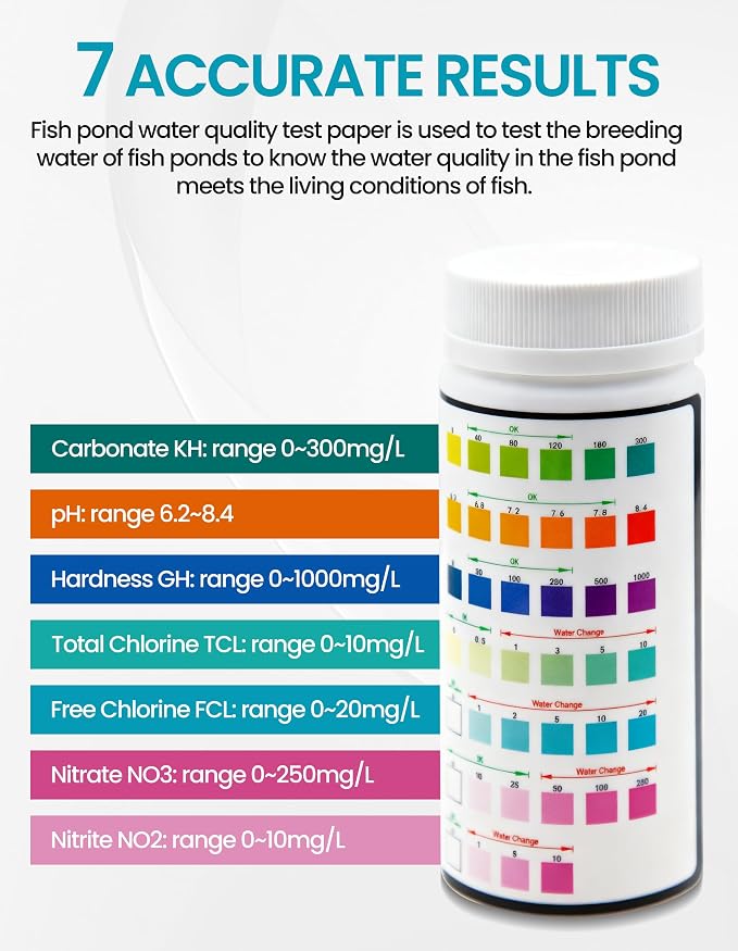 7 in 1 Aquarium Test Strips 100Pcs Fish Tank Aquariums Water Test Kit Fast & Accurate Water Testing for pH, Nitrate, Nitrite, Hardness & More Aquarium Test Strips for Fish Tank (Model DF012)