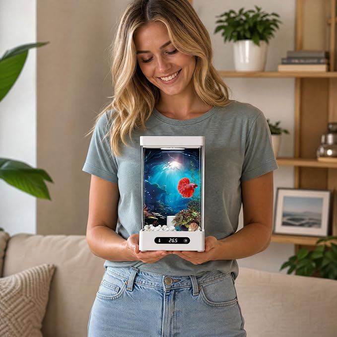 Small Shrimp Tank, 0.42 Gal Mini Fish Tank, Smart Automatic Heating, Easy Water Change Valve, and Energy-Efficient LED Lighting - Perfect for Office, Home, and Bedrooms, Single Betta Fish Only