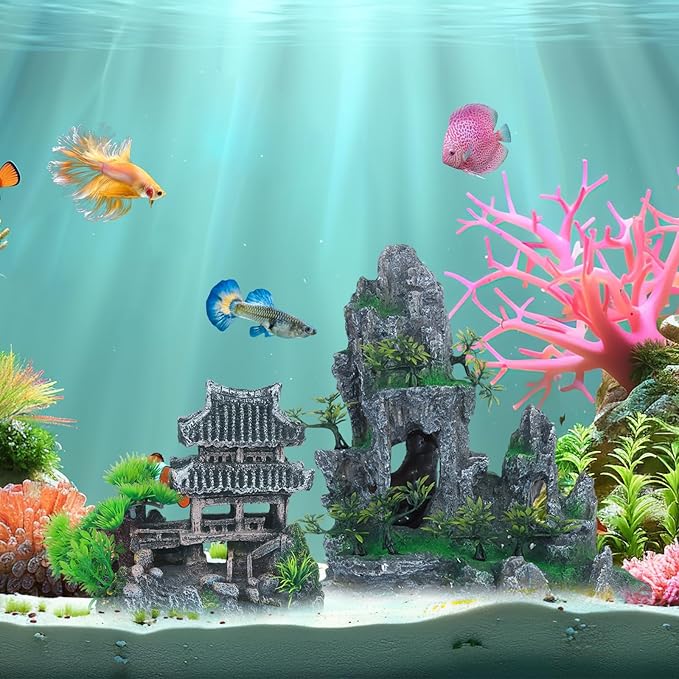Saim Extra Large Aquarium Decorations, Resin Castle and Artificial Rock with Plants (Ancient Temple with Mountain) Fish Hideout Cave for Amano Shrimp Cichlid to Play, Hide and Rest Hardscape