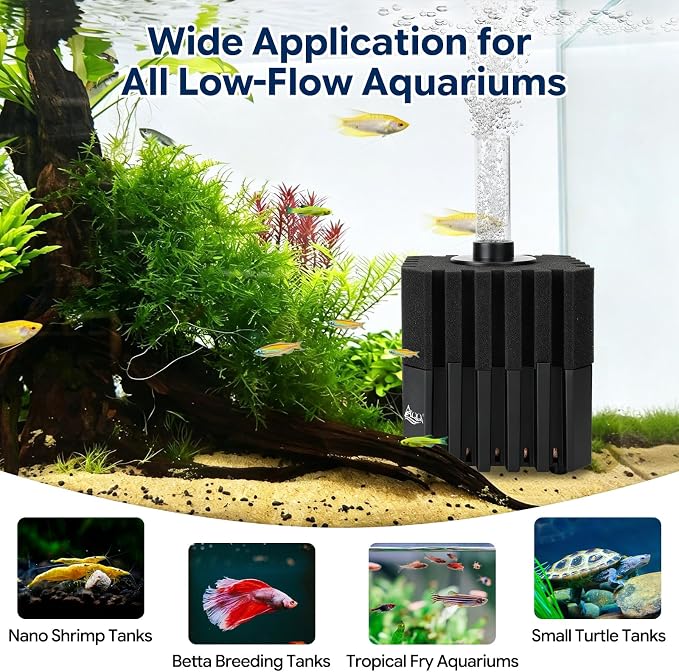 AQQA Aquarium Sponge Filter with Quartz Bio Media, Whisper Quiet Air-Driven | Corner Filter for Fish Tank, Submersible Bio Foam Filter for Breeding Fry Betta Shrimp (Large for 20-50 Gallon)