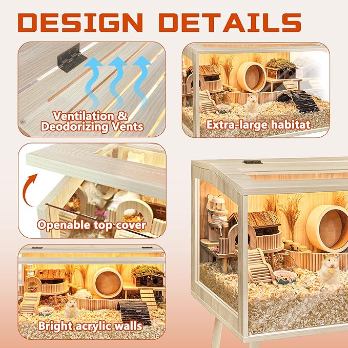 PROLEE Hamster Cage Wooden Chew Proof, Extra Large Mice and Rat Habitat Openable Top with Acrylic Sheets Solid Built Small Animal Cage with Leg Stands, 32 Inch Long