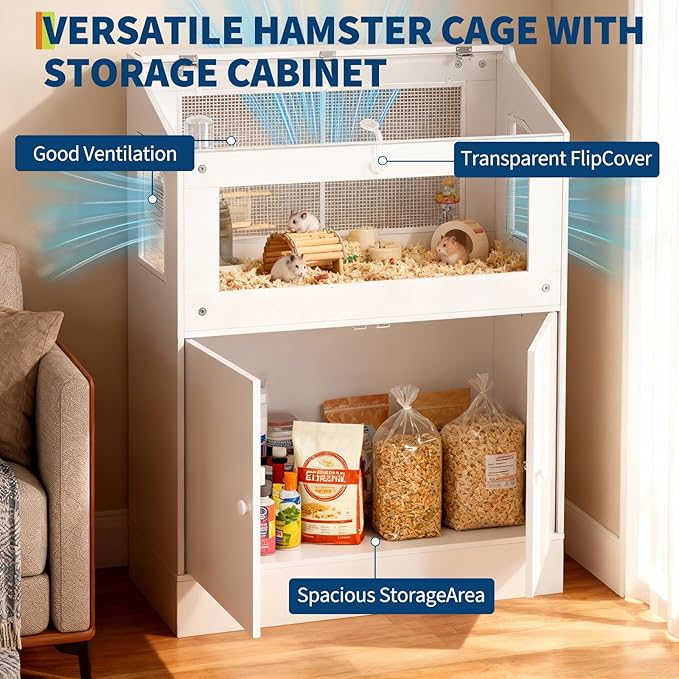 Hamster Cage with Storage Cabinet, Small Animal Cage with Acrylic Viewing Window & Ventilated Mesh, Large Pet Habitat Enclosure for Guinea Pig, Mice, Gerbils, Hedgehogs, Rats, Rabbit
