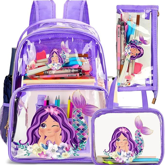 Kacctyen 3 Pcs Clear Backpack Heavy Duty Clear Stadium Bag Transparent Backpack with Lunch Bag(Purple,Mermaid)