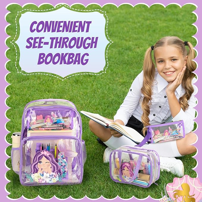 Kacctyen 3 Pcs Clear Backpack Heavy Duty Clear Stadium Bag Transparent Backpack with Lunch Bag(Purple,Mermaid)
