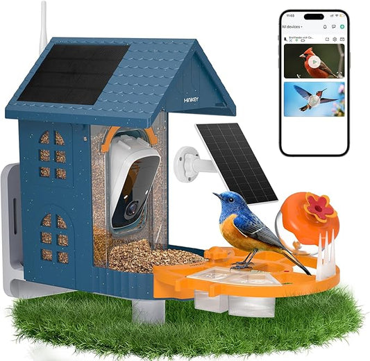 Smart Bird Feeder with Camera Outdoor Birdhouse:AI Identifies 11000+ Species, Features 3K HD Quality and Arrived Alerts Function,Powered by 3 Solar Panels,Gifts for Mom Dad Bird Lovers