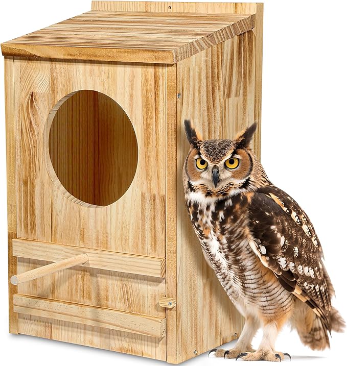 ONKO Large Great Horned Owl House,23''x 14''x 10''Owl Nesting Box for Outside,Wooden Nest House Circular Opening Bird Houses, Suitable for Wildlife Barn,Eastern Screech,Great Horned,Assembly Required
