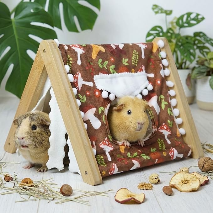 Guinea Pig Hideout, Sturdy Bamboo Small Animal House with Window, Rabbit Bunny Tunnel, Easy to Assemble for Hamsters Bunny Rat Chinchillas Playing Hiding, Guinea Pig Cage Accessories, Mushroom