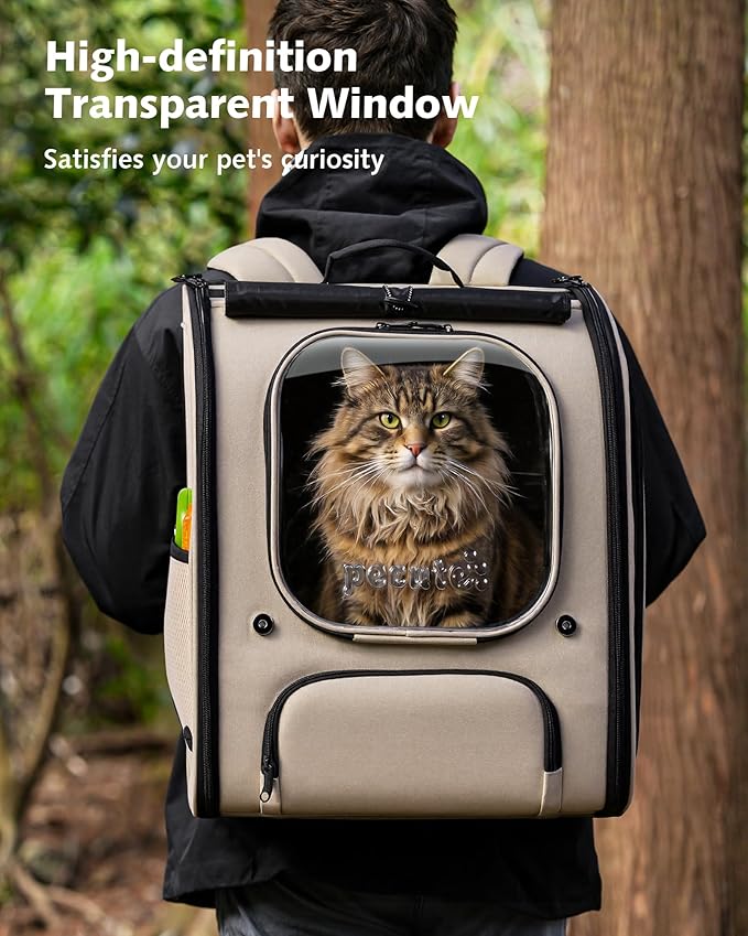 Pecute Cat Backpack Carrier XL, Large Space Cat Bubble Backpack, Breathable Cat Carrier, Shaded Dog Backpack Carrier, Ergonomic 3D Design for Travel, Hiking, Suitable for Shopping, and Vet, Khaki