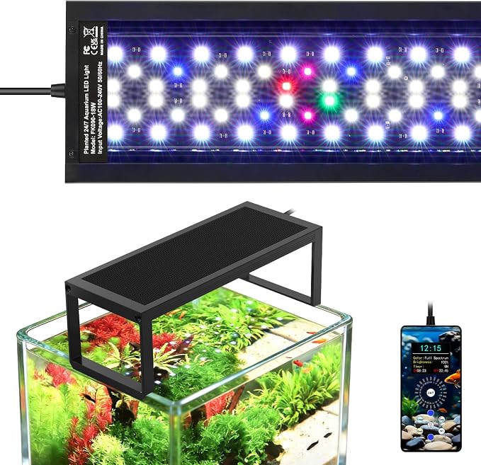fishkeeper 18W Aquarium Light, 24/7 Mode with One‑Touch Time Calibration | DIY‑Mode Full‑Spectrum 6‑Rows WRGB LED Aquarium Plant Light, 9‑Color Options & Memory Function for 12‑18 Inch Fish Tank