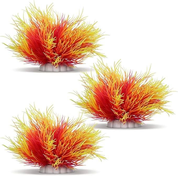 3 Pack Aquarium Plants Realistic Fish Tank Plants, Pink and Yellow | Plastic, with Weighted Base, Small Round Aquarium Decor, for Betta Tanks, Aquascaping, Reptile Terrariums