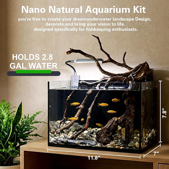 2.8 Gallon Small Aquarium Set Glass Fish Tank,Nano Nature Aquarium Kit with Waterfall Filter and Light for Beginners and Children to Keep Betta Fish, Goldfish, Shrimp, and Aquatic Plants
