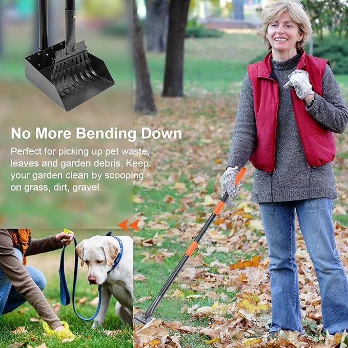 Pooper Scooper, Dog Pooper Scooper Tray and Rake Set with Adjustable Stainless Steel Long Handle for Large Medium Small Dogs