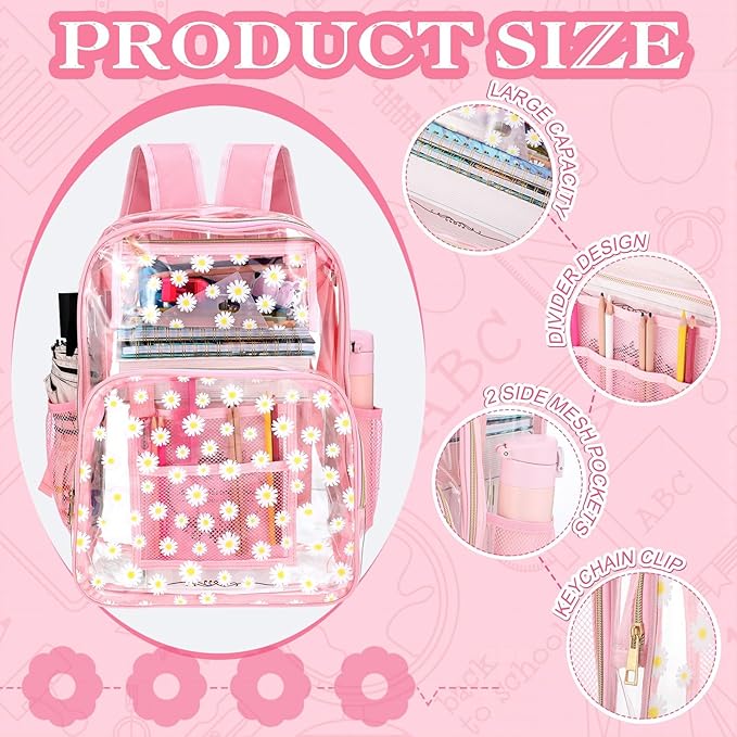 Kacctyen 3 Pcs Clear Backpack Heavy Duty Clear Stadium Bag Transparent Backpack with Lunch Bag(Pink,Daisy)