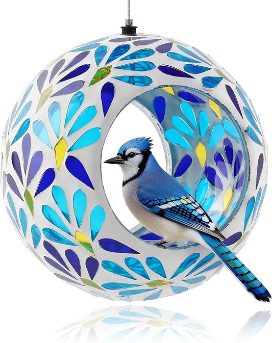 VOREEN Mosaic Glass Bird Feeder, Handcrafted Hanging Fly-Through Feeder for Outdoor Garden & Backyard, Decorative Wild Bird Feeder with Steel Wire Cable – Cool Blue Leaf Mosaic Style