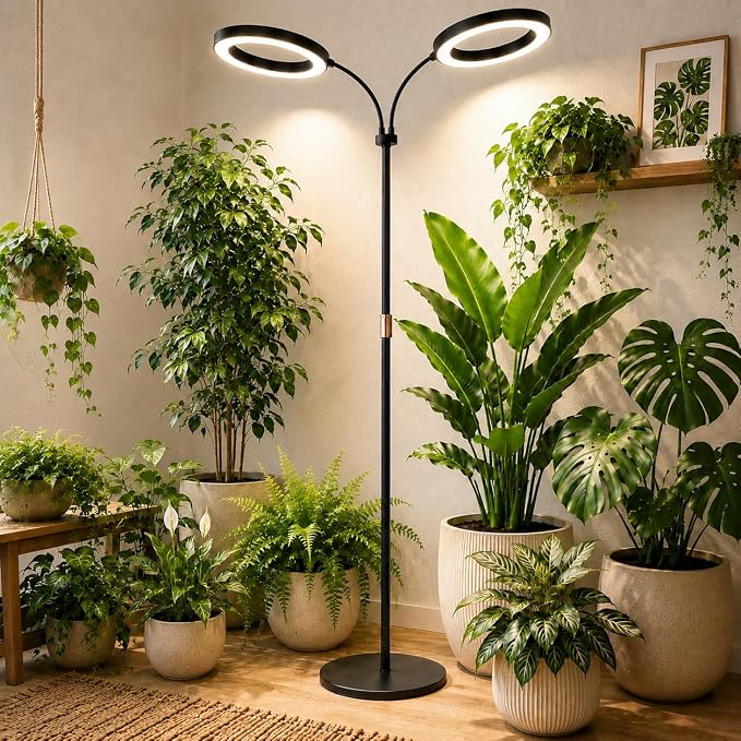 LBW 10.2in Grow Lights for Indoor Plants, Plant Grow Light with Stand | 2-Head, 6/8/12/16H Auto ON/Off Timer, 5 Dimmable Levels, Adjustable Height, 3 Lighting Modes, Black, for Extra Large Plants