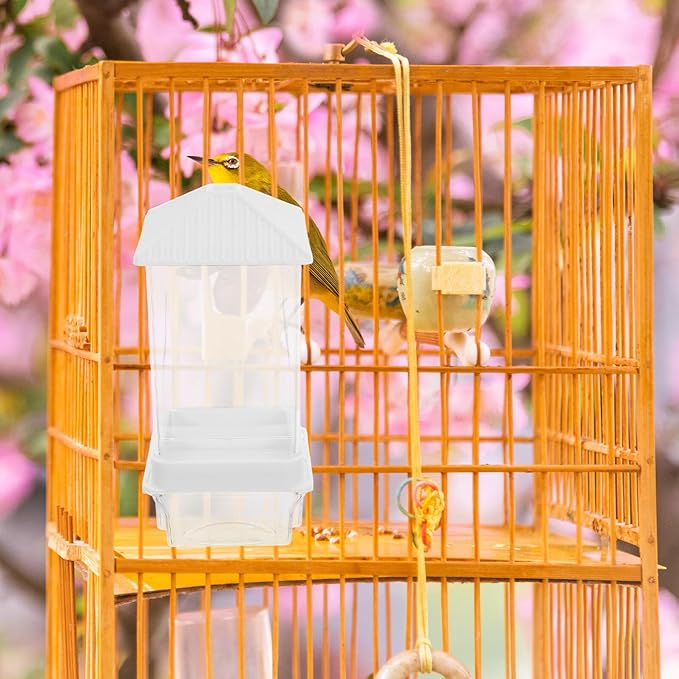 Cabilock Automatic No-Spill Bird Feeder with Anti-Splash Design White Pet Bird Feeding Station and Seed Container for Small Parrot Species