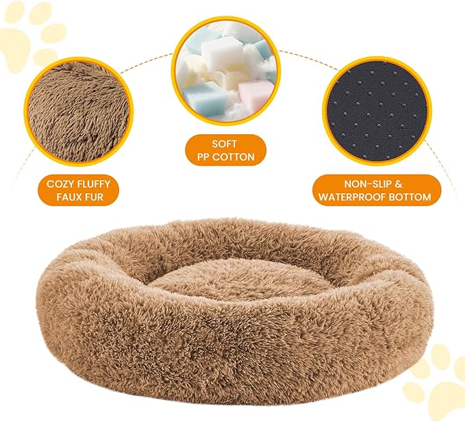 Calming Dog Beds for Large Dogs, Faux Fur Donut Cuddler Dog Bed, Round Fluffy Pillow, Washable Pet Bed for Dogs Up to 80Lbs, 36inch