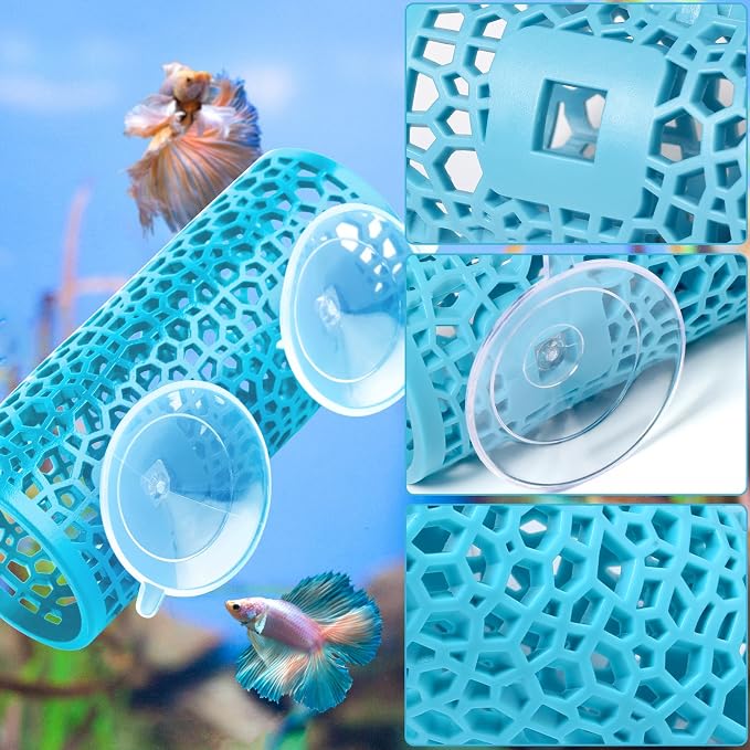 Abizoo Betta Fish Tunnel Hideout, Hollow Coral Aquarium Decor, Light Blue | Betta Hideaway Cave, Suction Cup Mount, Aquarium-Safe Material, Shelter for Shrimp Guppies Tetras Danios, Fish Tank Accessory