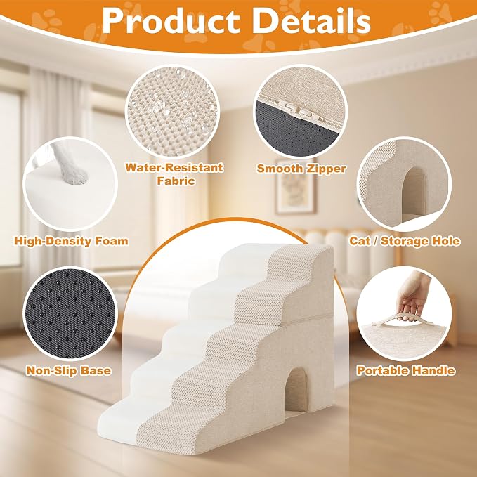 Dog Stairs for Bed 23’’ H, 5-Step Dog Steps for High Bed, Foldable Pet Stairs for Small Dogs and Cats to Get on Beds, Couch, Non-Slip Balanced Pet Steps and Ramp with Waterproof Cover, Beige