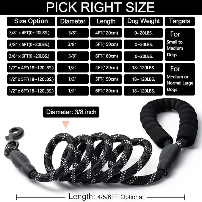 2 Pack Dog Leash, 4/5//6 FT Heavy Duty Nylon Rope Pet Leashes with Comfortable Padded Handle, Reflective Dog Leashes for Small Medium and Large Dogs (5FT-3/8,Black/Green)