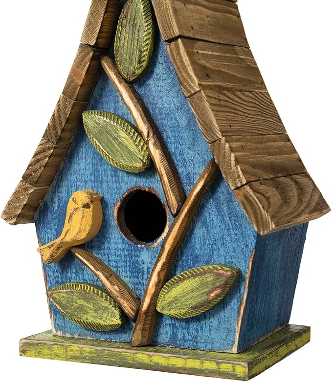 Glitzhome Birdhouses for Outdoors,9.5"H Hanging Bird House Decorative Pet Cottage Wooden Birdhouse Hummingbird Houses for Outside,Bluebird House with Natural Wood Slatted Roof and 3D Tree,Washed Blue