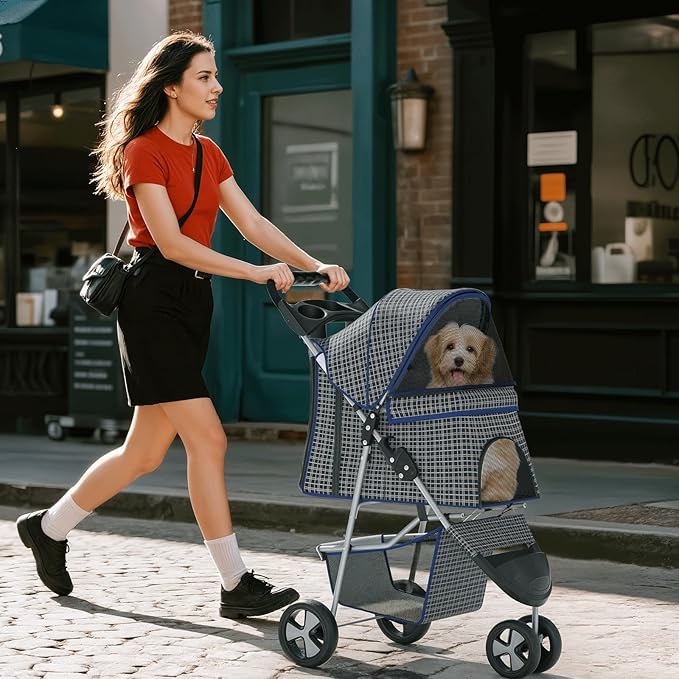 Pet Stroller for Small Dogs 10 lbs, Dog Stroller for Medium Dogs 30 lbs, Cat Strollers for 2 Cats, 3 Wheels Foldable Jogger Puppy Stroller with Storage Basket and Cup Holder, Plaid