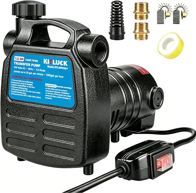 Water Transfer Pump, KITLUCK 120V 1/2 HP 1500GPH Cast Iron Portable Electric Utility Water Pump, Heavy Duty High Pressure Transfer Pump with ON/OFF Switch, Suction Strainer and Brass Connectors