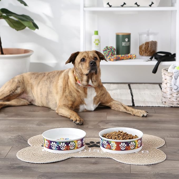 Bone Dry Ceramic Food Bowls, Non-Slip & Dishwasher Safe, Large Set, 7.5x2.4, Peace Paw, 2 Count