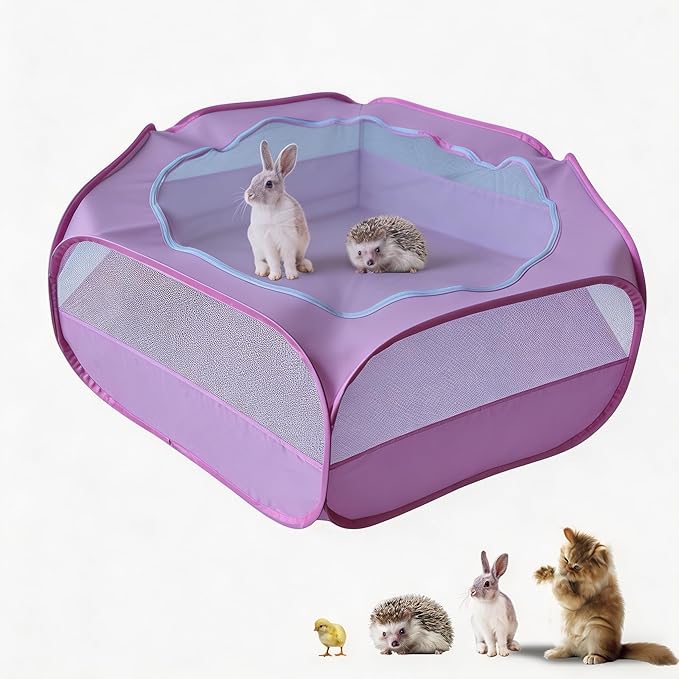 Small Animal Playpen with Zippered Mesh Cover - Portable Foldable Chicken Brooder Box, Indoor Outdoor Enclosure for Guinea Pigs, Bunny, Rabbits, Ferrets, Chinchillas, Kittens (Pink)