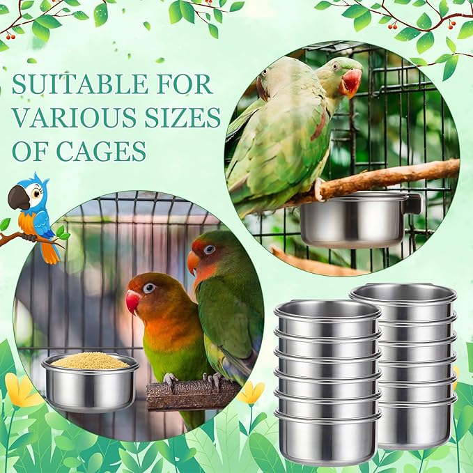 Ziliny 12 Pcs 10 oz Stainless Steel Bird Feeding Dish Cups Bird Feeder with Clamp Parrot Food Cups for Cage Pet Water Cage Bowls for Budgies Parakeet Cockatiel Small Animal