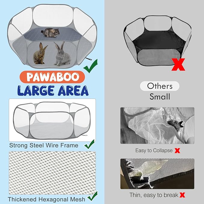Pawaboo Small Animals Playpen with Pad, Waterproof Small Pet Cage Tent with Reusable Pad, Portable Outdoor Yard Fence for Chick/Kitten/Puppy/Guinea Pig/Rabbits/Chinchillas, Gray+Gray