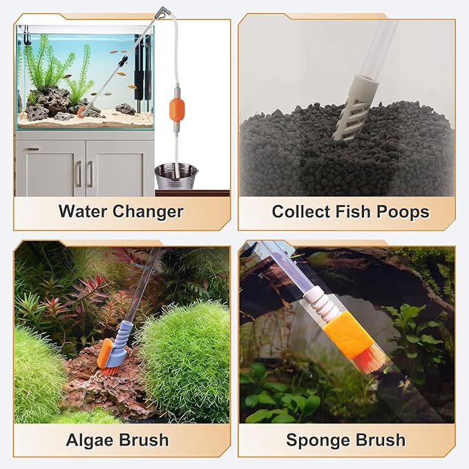 Carefree Fish Aquarium Siphon Vacuum Water Changer Kit for 3~10Gal Tank with 6Ft Water Hose Gravel Cleaner Cleaning Tools Collect Fish Poops and Long Handle Multifunctional Algae Brush