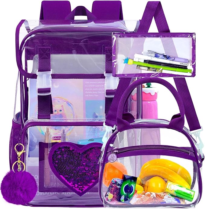 17" Sequin Clear Backpack for Girls - 3Pcs School Flip Design Stadium Approved Set, Waterproof Campus Transparent Bookbag (Purple)