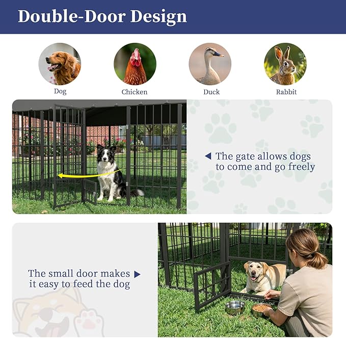Gotland Dog Kennel Outdoor 10 x10 x6 FT, Dog Cage Outdoor for Medium/Large Dogs with Feeding Door Waterproof Roof Double Secure Locks Ground Spikes, All Weather Heavy Duty Dog Enclosure for Backyard