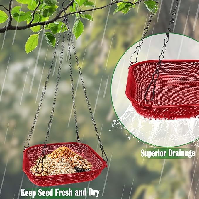 Hanging Bird Feeder for Outdoors – 11 in Square Metal Mesh Bird Feeder Tray Platform for Wild Birds, Red