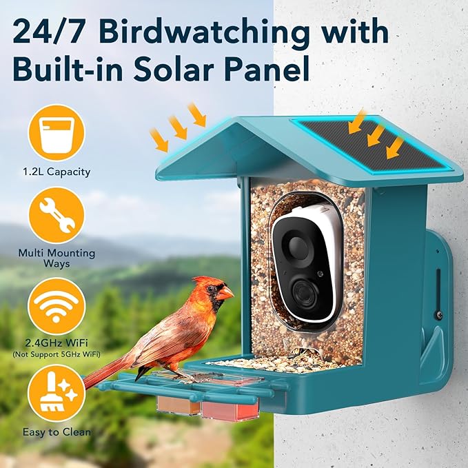 PeckCam® Bird Feeder with Camera Solar Powered, AI Identify & Auto Capture with 32GB Card, 2K HD Live Video Smart Bird Feeder Camera Instant Notifications in Backyard, Gift for Bird Lovers