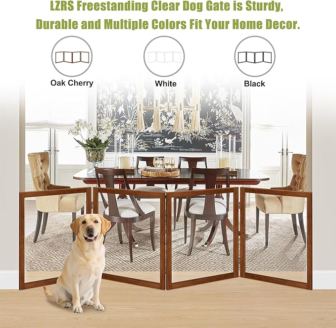 LZRS Extra-Wide Clear Dog Gate for Indoor Use - Transparent Pet Fence with Solid Hardwood and Plastic Board, Stylish & Durable freestanding Pet Gate for Doorways, Stairs and Hallways-4 Panel Cherry