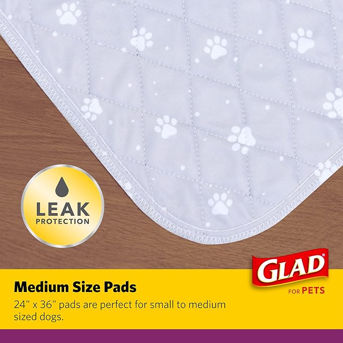 Glad for Pets Washable Dog Pee Pads, Medium, 24 x 36 Inch, 2 Count, Gray with Paw Prints, 3-Layer Leak Protection, No-Slip Vinyl Bottom, Reusable Puppy Training Pads