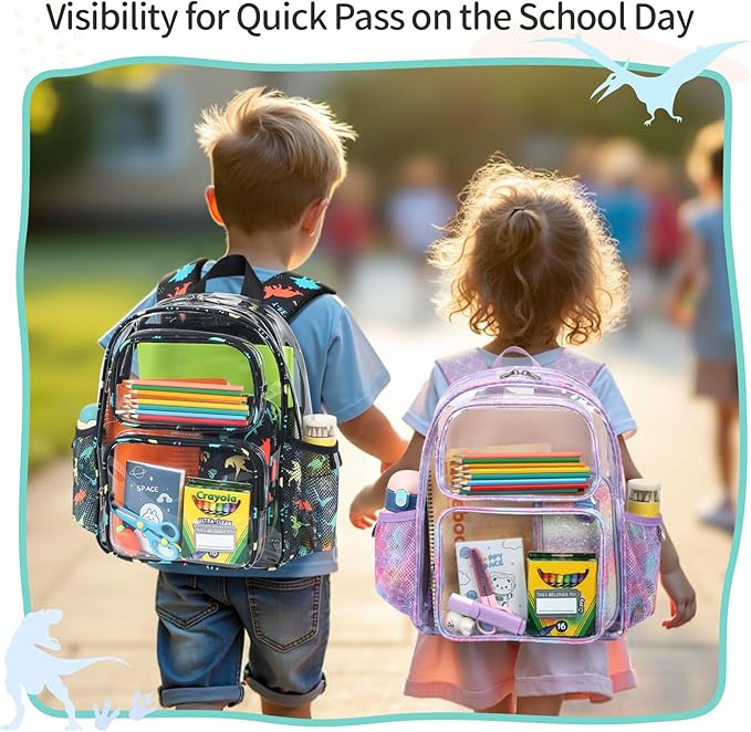 Clear Backpack Set for Boys, 15 Inch Heavy Duty Transparent Bookbag with Lunch Bag, Kindergarten to 2nd Grade School Bag, Security Approved PVC, Black Dinosaur