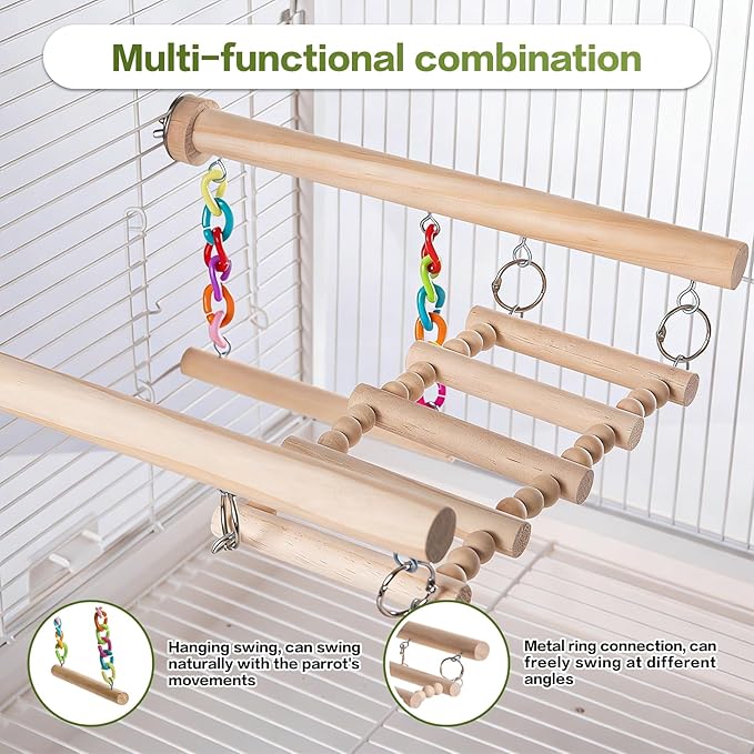 Bird Perches Ladder with Swing, Natural Wood Parrot Climbing Bridge Perch Toys,Wood Climbing Ladder for Parakeet, Exercise Play Stand Parakeet Cage Accessories for Budgie Conure Lovebird Canary,A