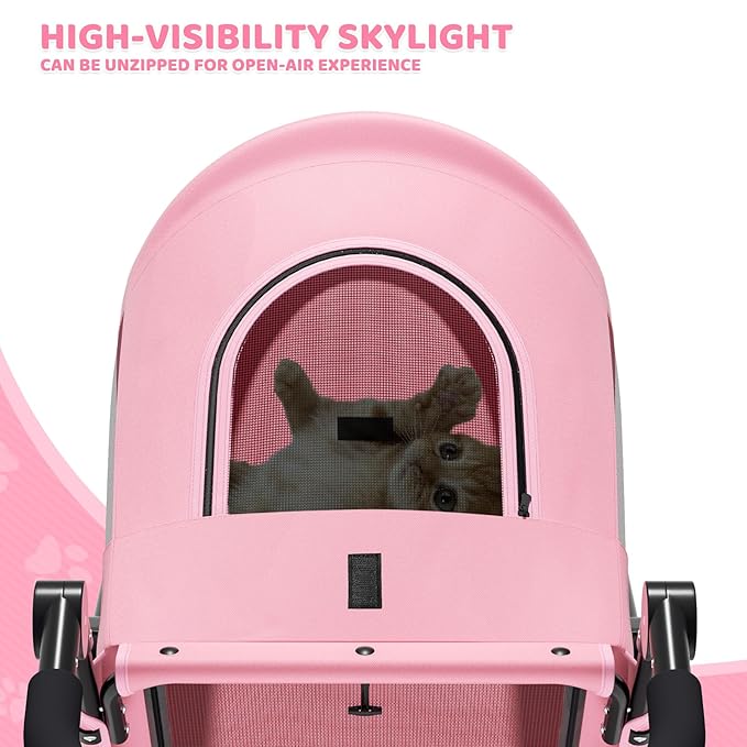 Magshion Pet Stroller for Medium Dogs w/Adjustable Handle, 3-Wheel Dog Cat Wagon w/Dual Entry, Rear Storage, Breathable Mesh, One-Foot Brake, Ideal for Large Pets up to 55 lbs, Pink