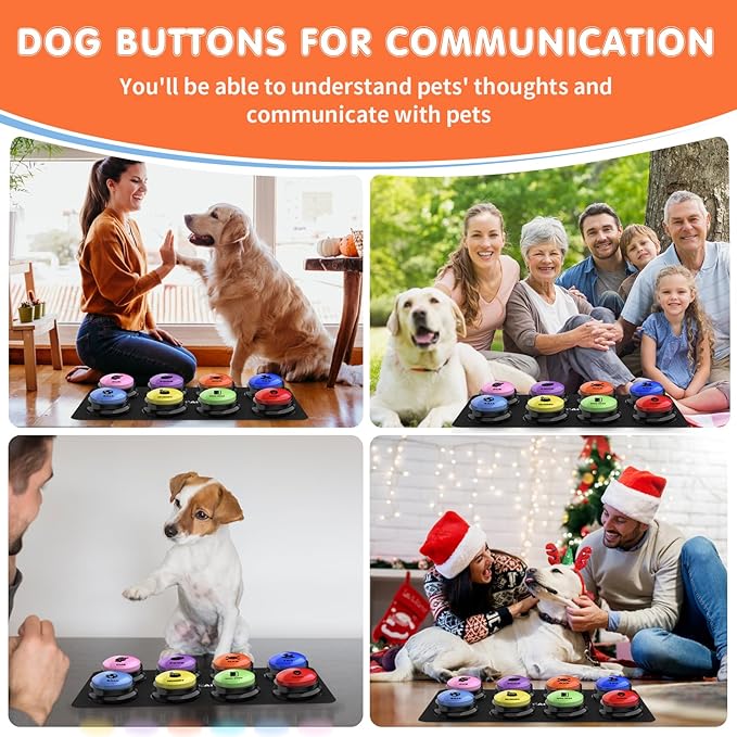 Dog Buttons for Communication,Talking Buttons for Dogs,8 Recordable Sound Buttons + 24 Scene Patterns + 1 Dog Button Mat+ 16 AAA Batteries，30 Seconds Dog Buttons for Pet Sound Training Toy