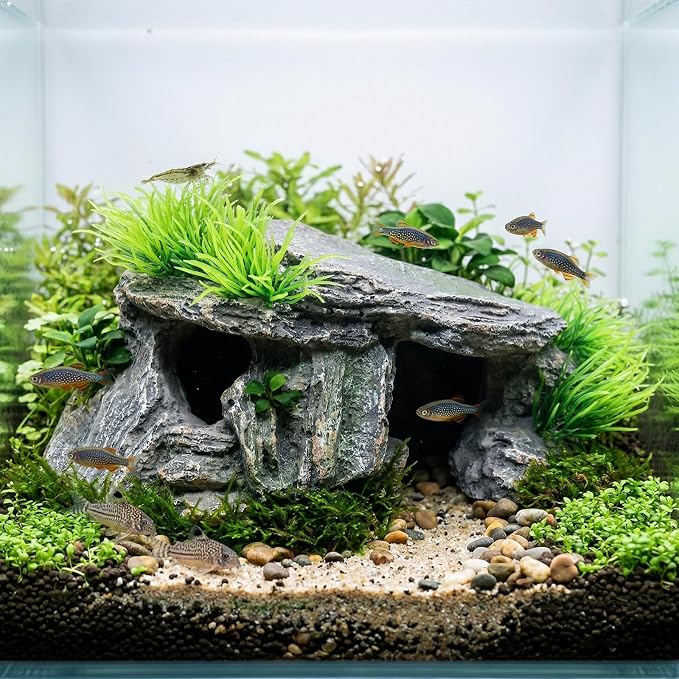 Aquarium Cave & Betta Hideout - Natural Resin Fish Tank Decorations, Small Fish Tank Decor, Hand-Polished Smooth Edges, PH Neutral Stone Decor for Shrimp, Cichlid, and Reptiles (Small)
