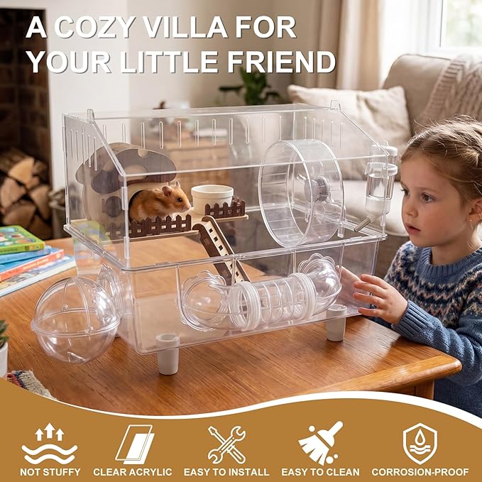 Loungewave Acrylic Hamster Cage, 8 in 1 Gerbil Cage with Accessories, Dwarf Hamster Cage with Full Transparent Viewing, Clear View Inside Easy to Clean, Excellent Ventilation, Mushroom House Style