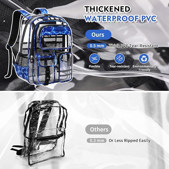 Clear Backpack for School,Transparent Backpack Stadium Events,Heavy Duty Clear Bookbag for Girls,Boys,Work,Sport Blue Lightning