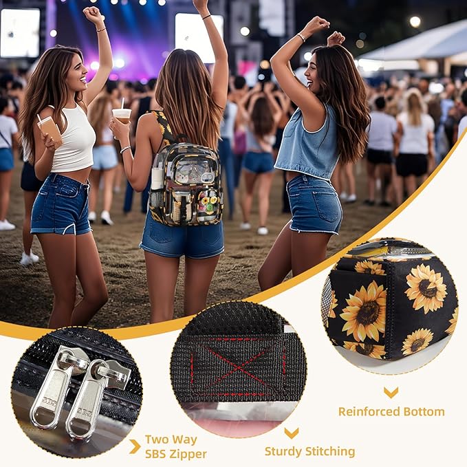 Mini Clear Backpack for Stadium Approved 12x6x12, Small Transparent Backpacks Plastic See Through Clear Bag for Kids Girls Women for Sporting Event, Concerts, Work, Festival (Sunflower)