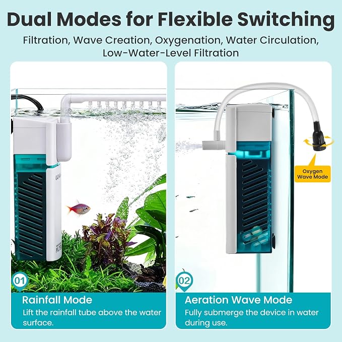 Small Fish Tank Filter, Aquarium Filter，Aquarium Internal Filter | Ideal for 2-10 gal fish tanks, 3W 80GPH with two modes. Works in fresh & saltwater.
