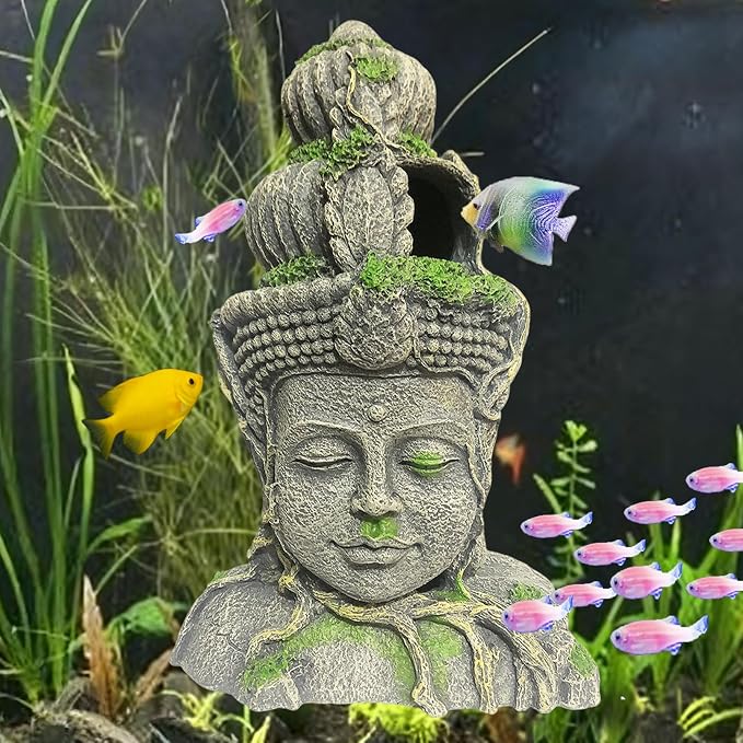 kathson Aquarium Buddha Head Statue Decor Betta Resin Hideout Cave Fish Tank Accessories Sleep Rest Conceal Breed for Fish Shrimp Reptile Amphibian (1 PCS)