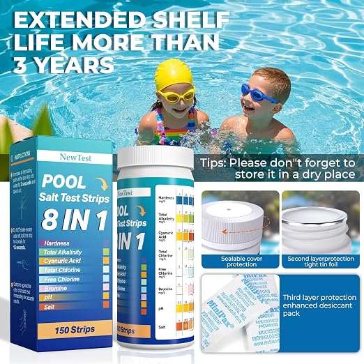 Pool Salt Test Strips: 150CT 8 in 1 Professional Pool Test Strips | Quick Accurate Results Saltwater Pool Testing Kit for Salt Water Pool & Hot Tub & Spa & Swimming Inground Pools