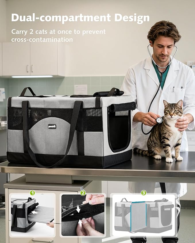 Pecute Dual Compartment Pet Carrier for Multi-Cat Families & Small Dog Owners, Collapsible Dog Crate with Reinforced Steel Frame, Car Safety Design for Travel, Vet Visits & Home Use, Gray